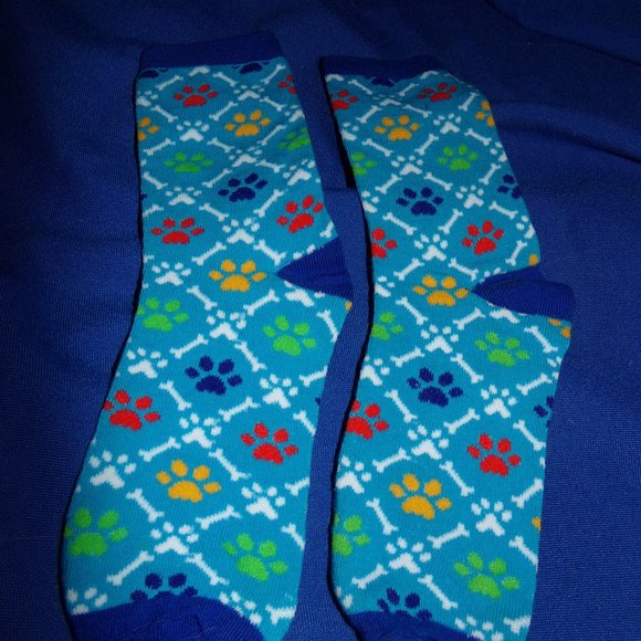 Pawprint & Bones Ankle Socks - Girls or Boys - Blue Multicolor Design - Picture 2 of 4